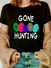 Gone Easter Egg Hunting Tshirt Happy Easter Shirt Girls Printed T-Shirt, Short-Sleeved Crew Neck Casual Top, (Color: Black, size: S)