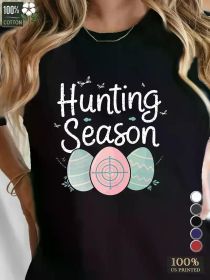 Easter "Hunting Season" Women's Tee - 100%, Comfort Fit, Festive Egg & Target Design with Butterfly Accents, Short (Color: Black, size: L)
