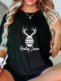 Women's Easter Egg Hunting Season T-Shirt - Soft Crew Neck Short Sleeve Graphic Tee with Deer Antlers Design (Color: Black, size: XXXL)