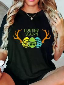 Women's Easter Hunting Season T-Shirt | 100% | Casual Crew Neck | Short Sleeve | Multi-Color Egg & Antler Graphic | Medium Stretch Knit Fabric (Color: Black, size: M)