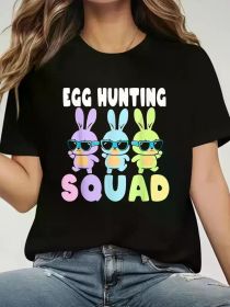 Women's "Egg Hunting Squad" Graphic Tee - Funny Easter Bunny Design, Casual Round Neck Short Sleeve T-Shirt, Black with Colorful Bunny Illustrati (Color: Black, size: XXXL)