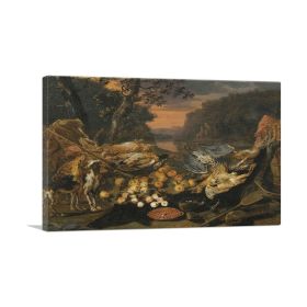 A Still Life With Game Hunting Gear And Two Dogs (Type: Standard Framed Canvas Print, size: 16" x 12" / 42cm x 30cm (approx))