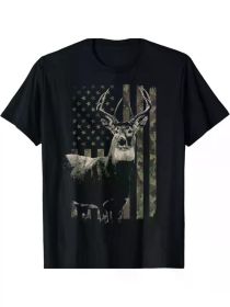 Hunting Camo American Flag Deer T-ShirtCouple Clothing 2025 (Color: Black, size: M)