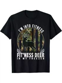 Funny 'I'm Into Fitness Deer in My Freezer' Hunting Tee - Men's Black Cotton T-Shirt with Camo Deer Graphic (Color: Black, size: XXL)